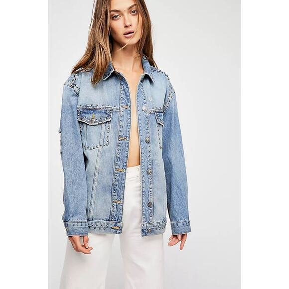 Free People Denim Studded Jacket Sz Med OVERSIZED